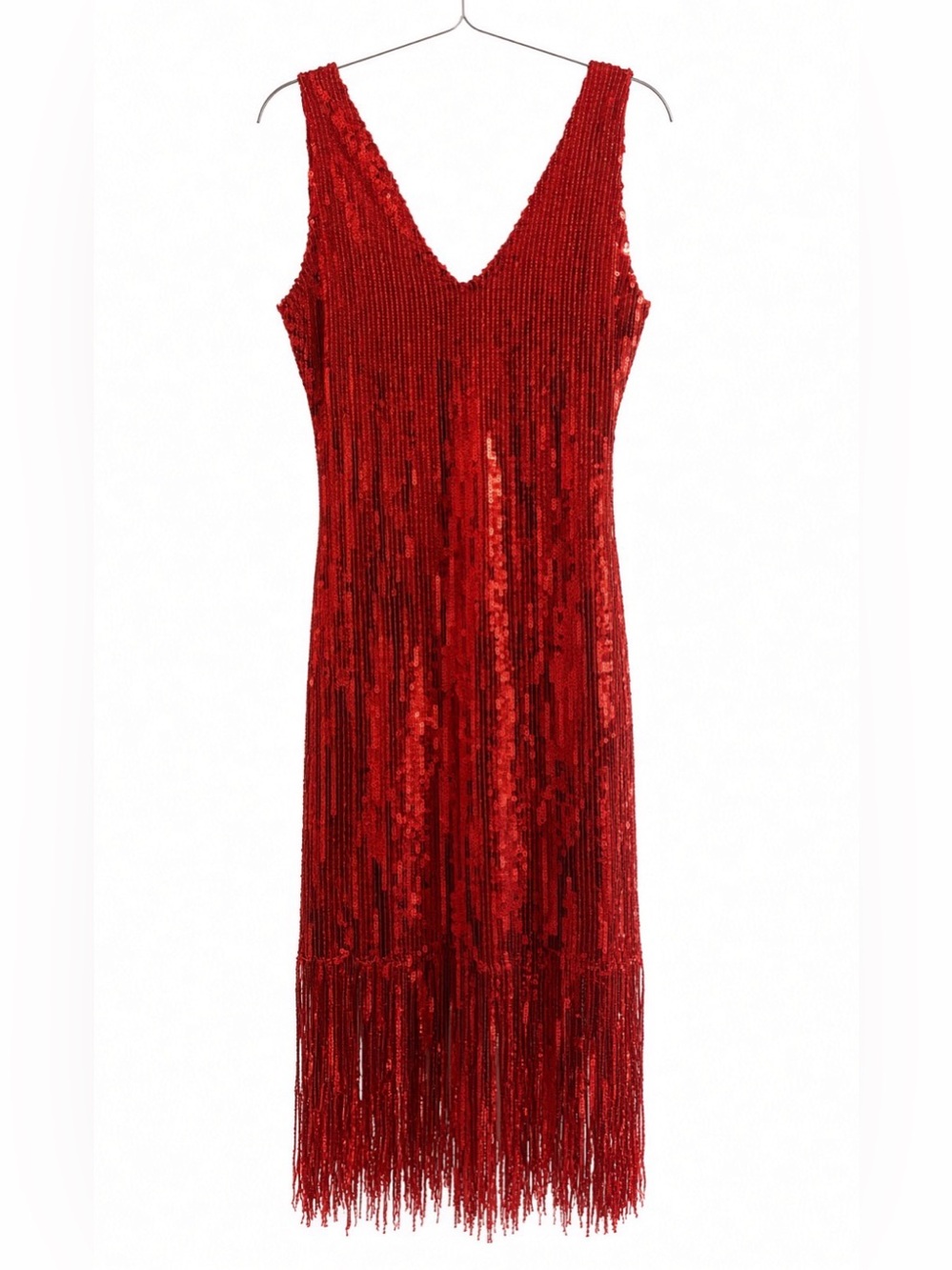 • Red Sequin Fringe Dress Small Diana Ross Flapper Style